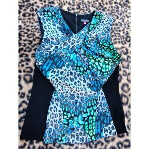 Vince Camuto Women's V-Neck Animal Print Blouse Tank Shirt Top Blue Leopard L